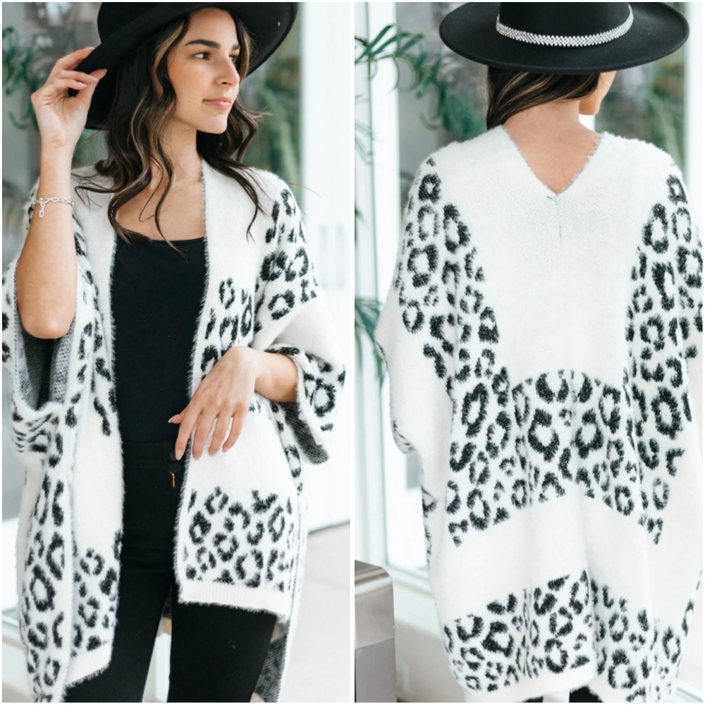 Open Fuzzy Leopard Knit Shawl OS